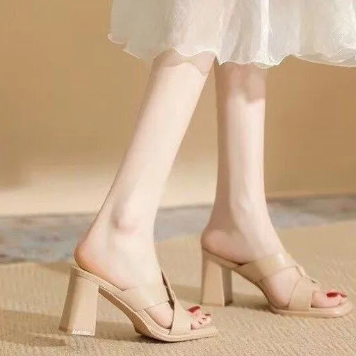 Women's open toe chunky heel sandals in apricot and milky white with PU upper, cowhide features and rubber sole