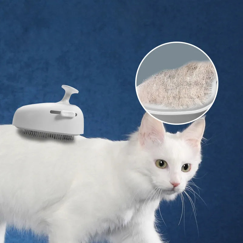 Self-cleaning cat steam brush with water mist spray for shedding removal