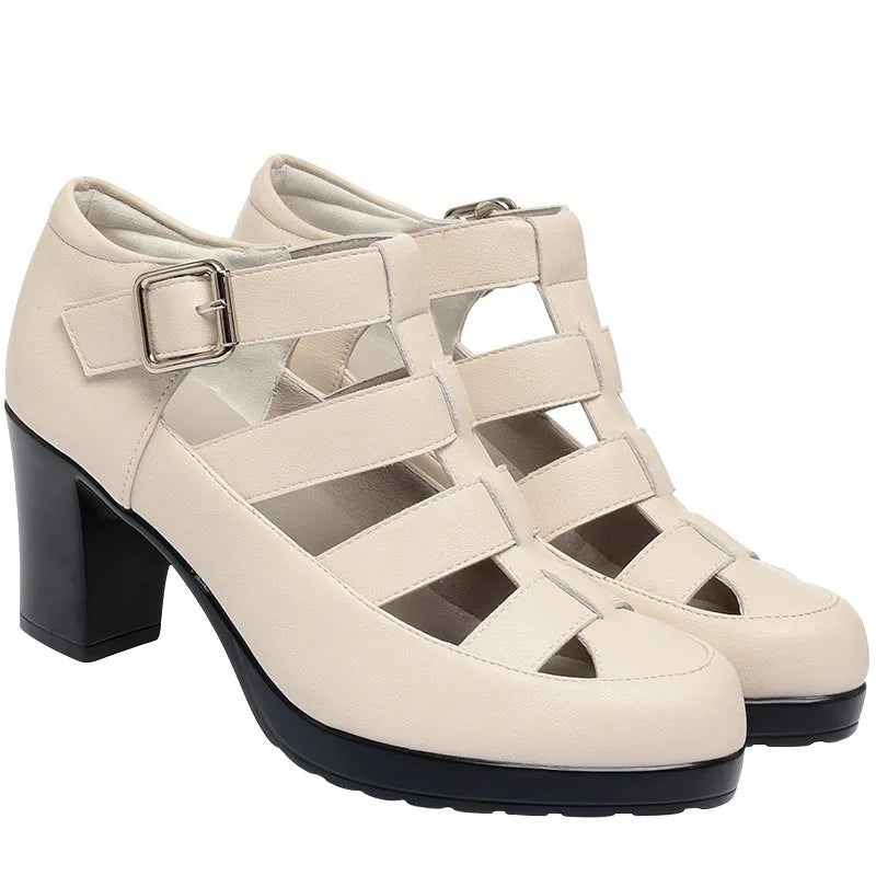 Women's beige closed toe sandals with woven hollowed design, chunky heel, and ankle-strap buckle.