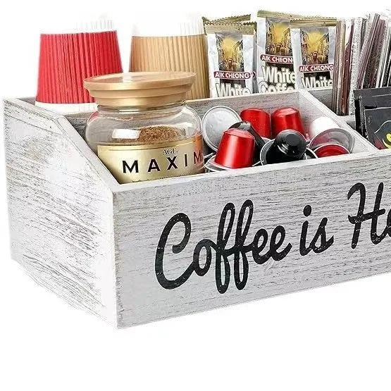 Wooden grid coffee pod storage box with compartments for remote control and stationery in black
