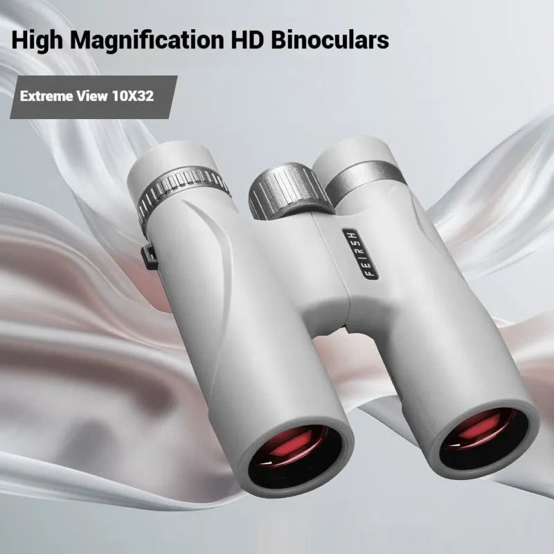 Blue and grey compact 10x32 binoculars with wine red film imaging on a table, showing 112mm size.