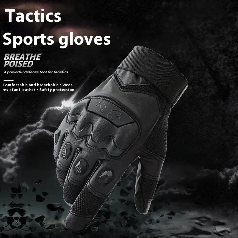 Men's black tactical training gloves with touch screen fingertips on a hand.