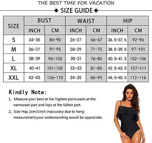 Black women's one-piece swimsuit with side cut-outs and ruffled straps on a tube top.