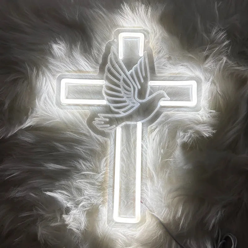 LED peace dove cross neon light, white acrylic wall light 33x24.5x1.5cm with USB 5V dimmable switch