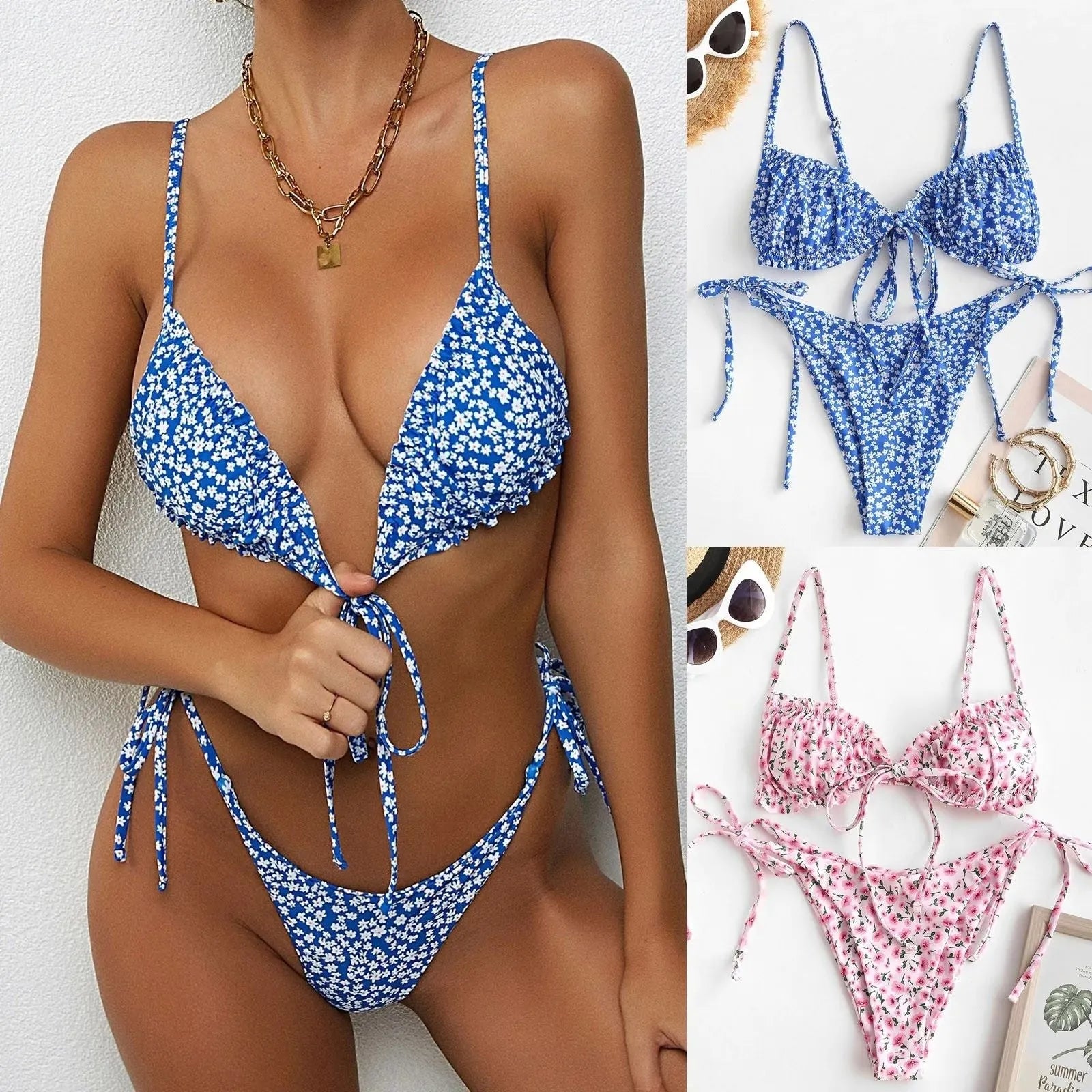 Women's printed multi-rope banded bikini swimsuit with short sleeves and lapel collar in blue or pink