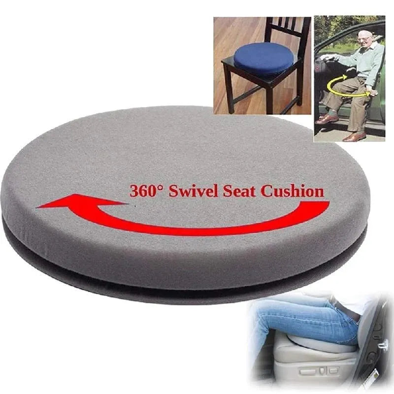 Grey rotating car seat cushion with plush fabric on a car seat, showing swivel function.