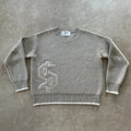 Grey loose-fit long sleeve acetate Jacquard knit pullover coat on a hanger.