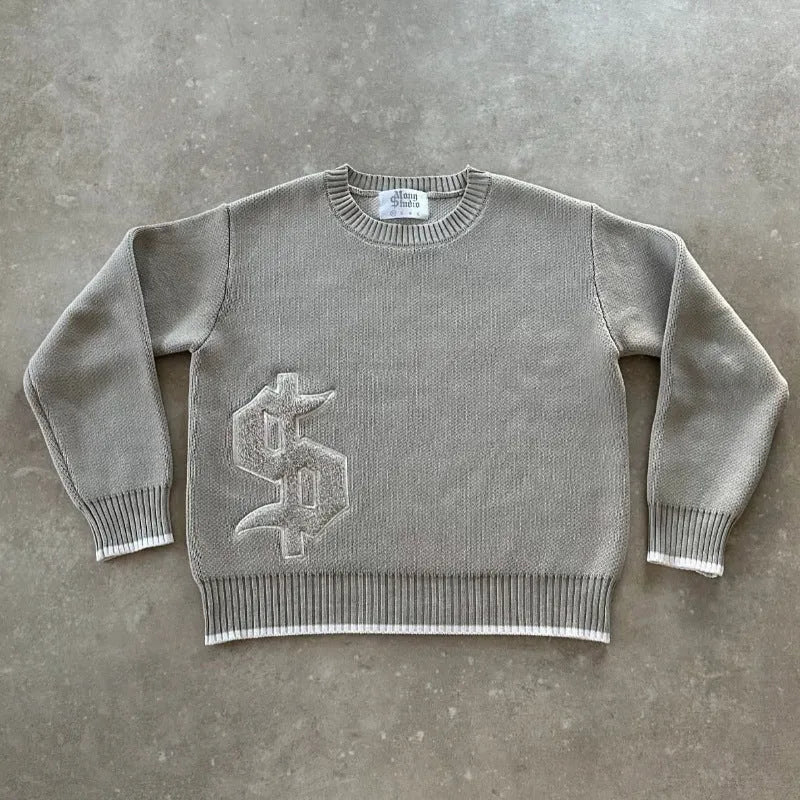 Grey loose-fit long sleeve acetate Jacquard knit pullover coat on a hanger.