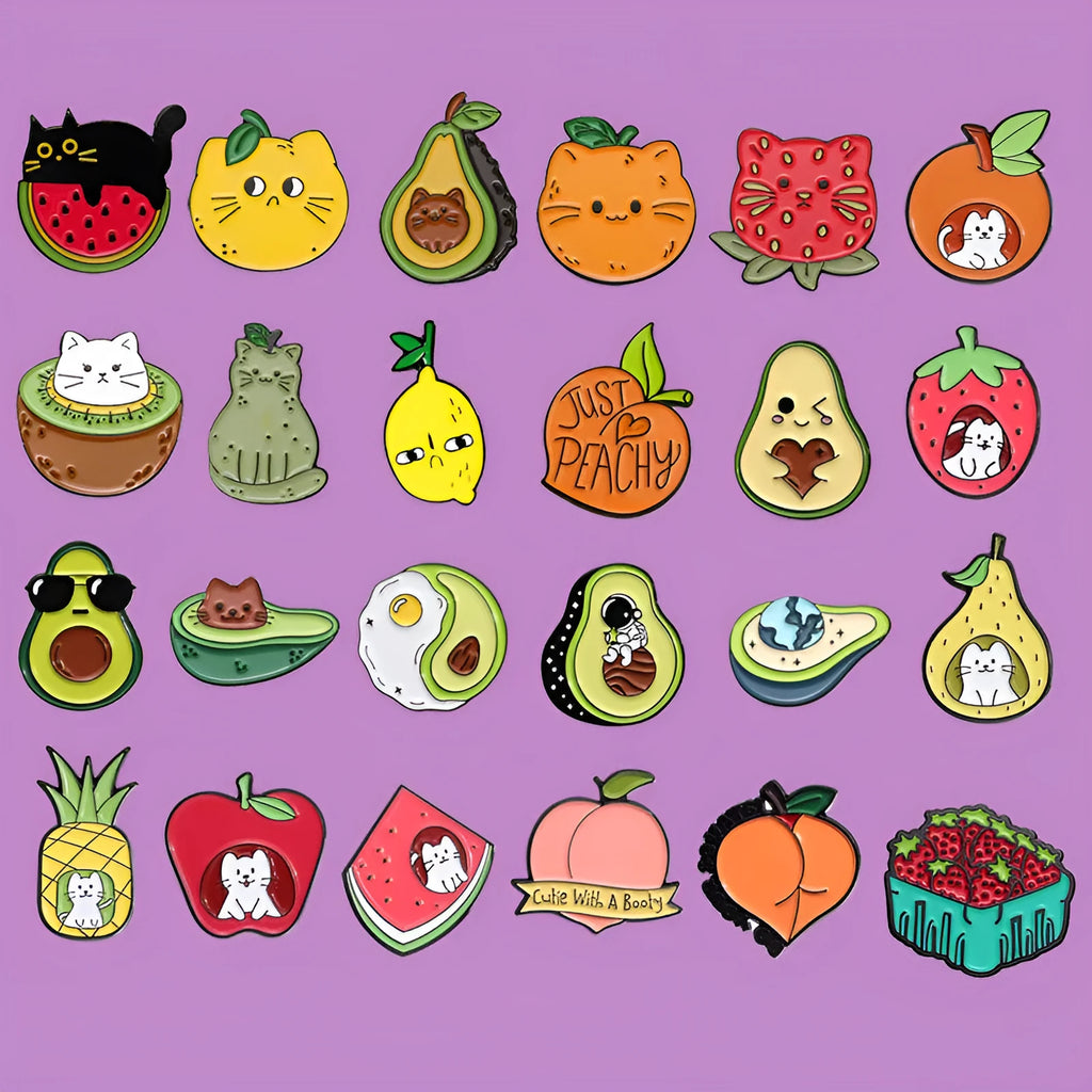 Close-up of a colourful cartoon fruit and letter design zinc alloy brooch pin.