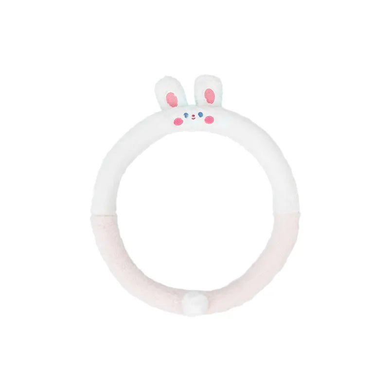 Plush cartoon animal steering wheel cover in rabbit fur fleece for winter, shown on a 38cm car steering wheel.
