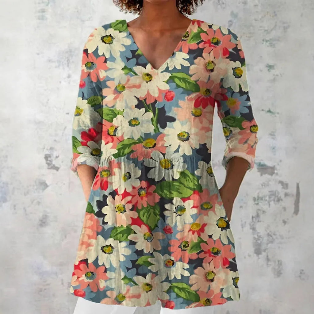 Women's retro-style slim fit long-sleeved top with a printed pattern, shown in a colour option.