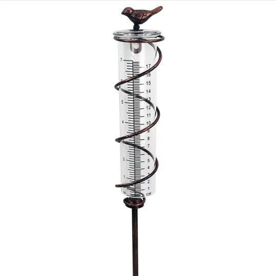 Cast iron garden rain gauge with hummingbird design and glass measurement tube showing 0-800ml capacity