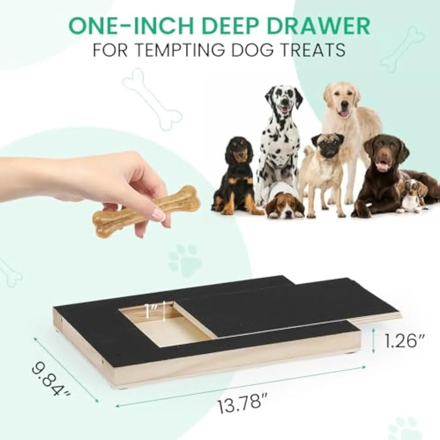 Black wooden dog nail scratch board with treat drawer and non-slip base pads.