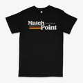 Black men's casual T-shirt with a 3D digital printed text pattern, showing round neck and short sleeves.