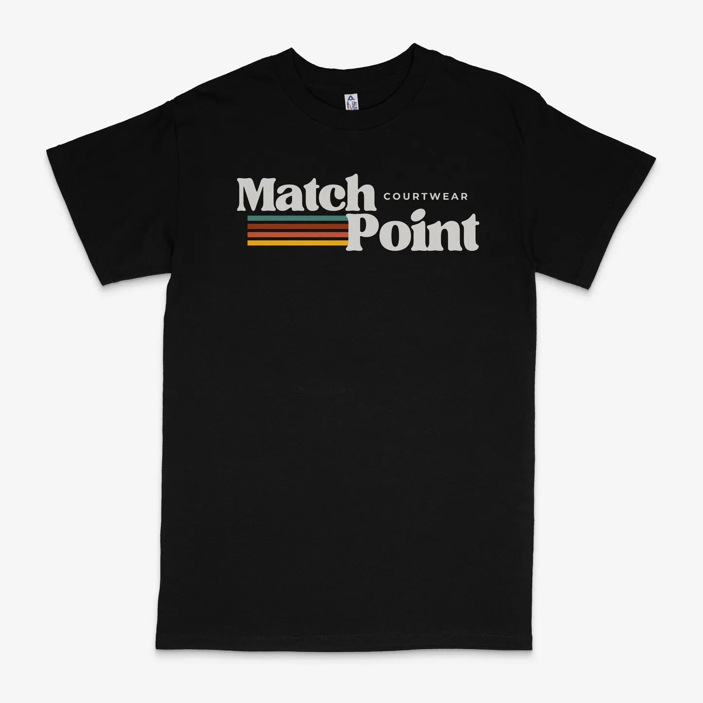 Black men's casual T-shirt with a 3D digital printed text pattern, showing round neck and short sleeves.