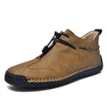 Men's casual leather shoes with round toe and mid heel in black, blue, green, khaki colour options