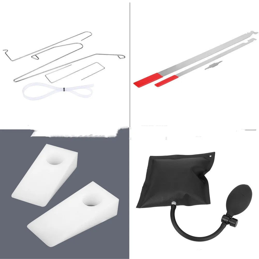9-piece automotive maintenance tool set with air pump wedge, plastic wedges, hooks and crowbars