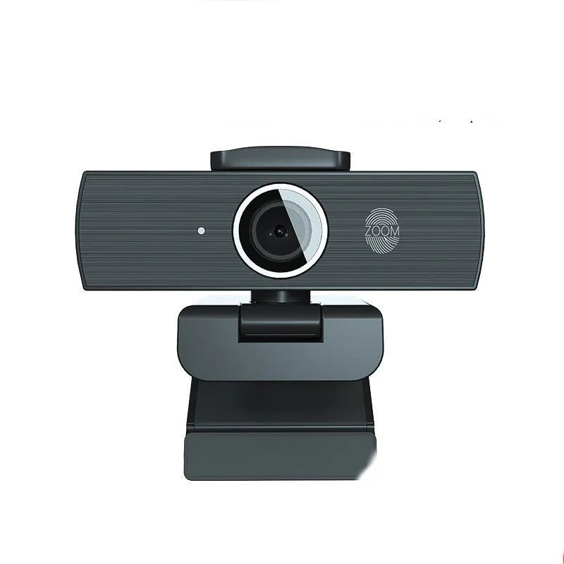 Black 8MP USB webcam with magnetic privacy cover on a laptop, showing 4K 60FPS video call on screen.