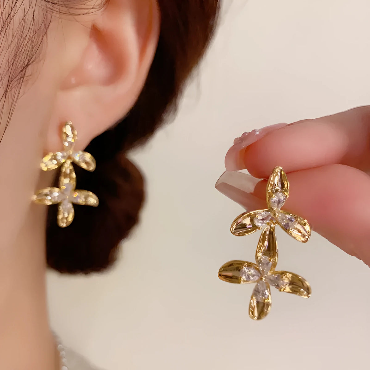 Women's real gold plated copper petal tassel earrings with metal diamond fringe in simple flower shape