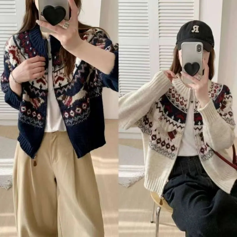 Ethnic style jacquard pullover sweater with 3D pattern in apricot colour, showing loose fit and long sleeves.