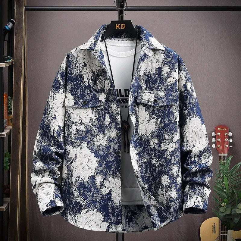 Casual lapel shirt coat in a blue colour, shown with long sleeves and a straight hem.