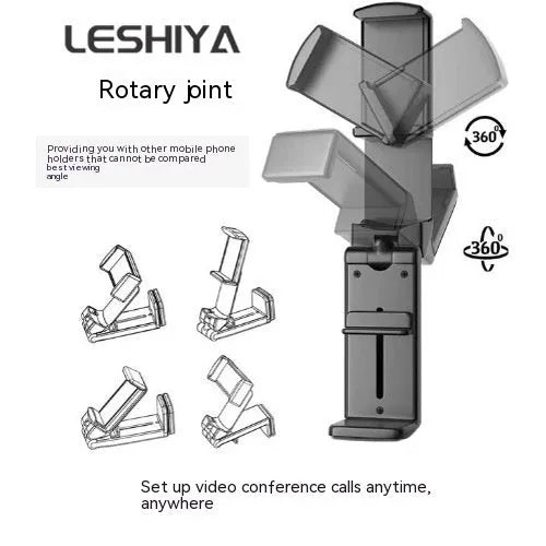 Black foldable and rotating universal mobile phone holder made from ABS plastic on a flat surface.
