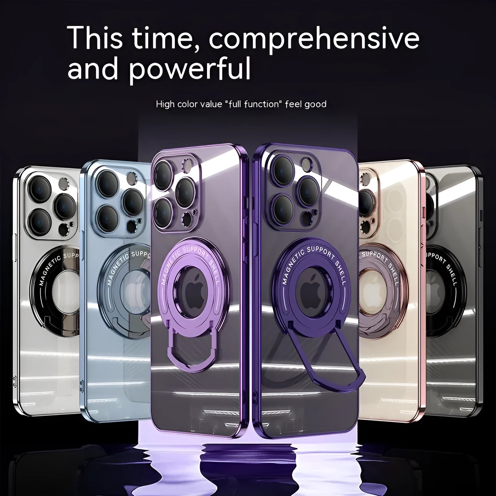 Transparent magnetic iPhone case with a silver pull-out bracket extended, showing dark purple iPhone inside.