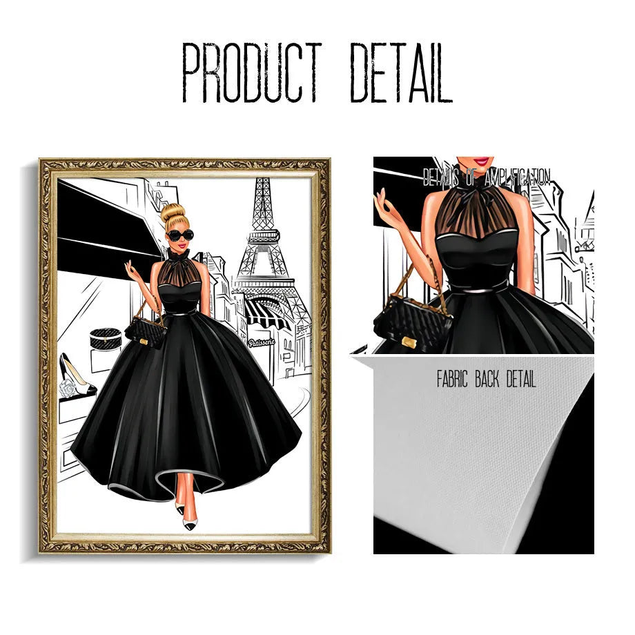 Modern cartoon canvas wall art print showing fashion girl with balloons and champagne for living room decoration