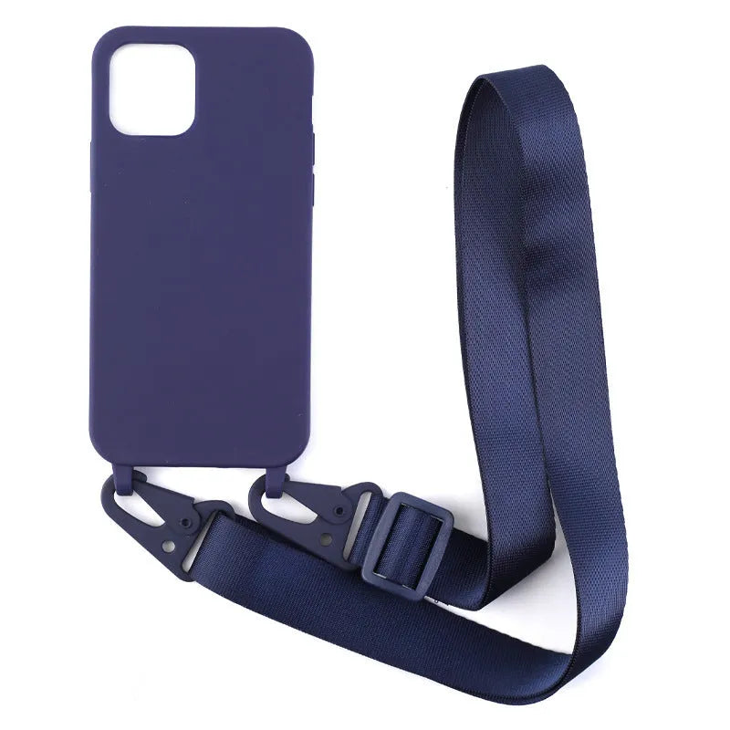 Buckle ribbon lanyard TPU phone case for Samsung models in black with ribbon attachment