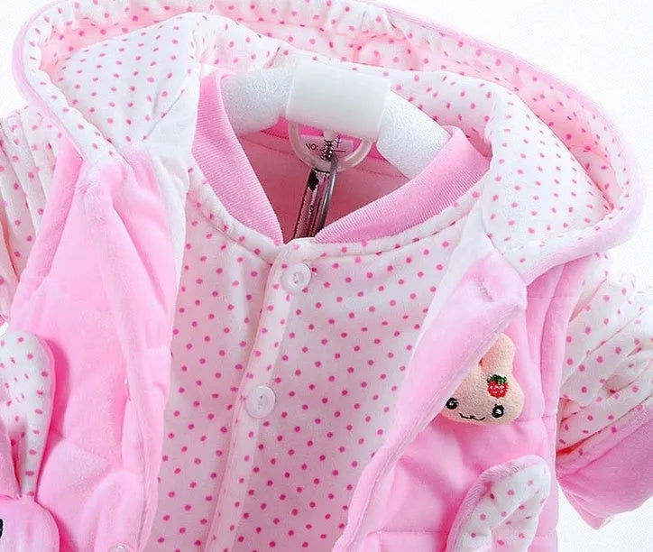 Girls' pink three-piece autumn clothing set with jacket, trousers, and vest made from flannel and cotton.