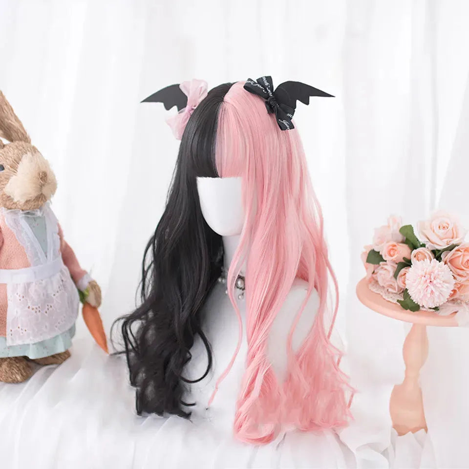 Black pink Harajuku Japanese Lolita wig with long curly hair and full fringe for cosplay