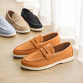 Men's suede leather slip-on casual shoe in a solid colour with a round toe and low flat heel.