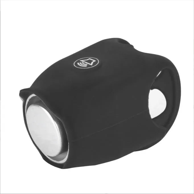 A black electronic bicycle horn with buttons, shown next to two 2032 batteries on a white background.