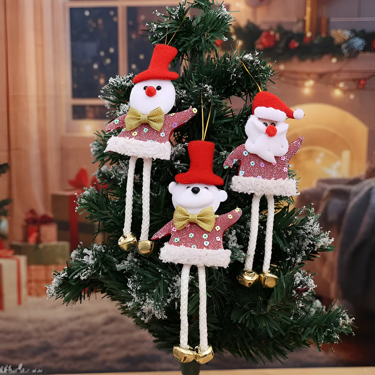 Set of four small polyester Christmas pendants featuring bear, elk, snowman, and old man designs hanging on a window.