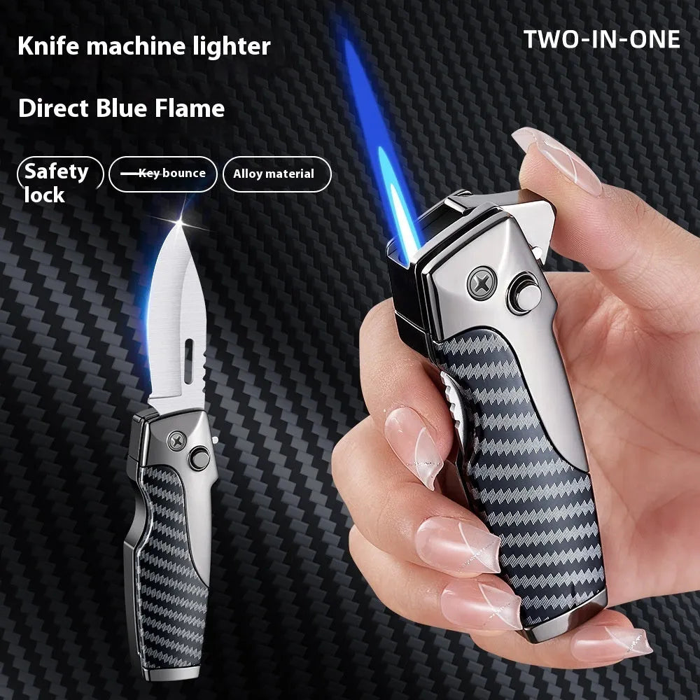 Zinc alloy metal folding knife lighter in a selection of black, gold, and silver finishes with wood, carbon fibre, and camouflage textures.