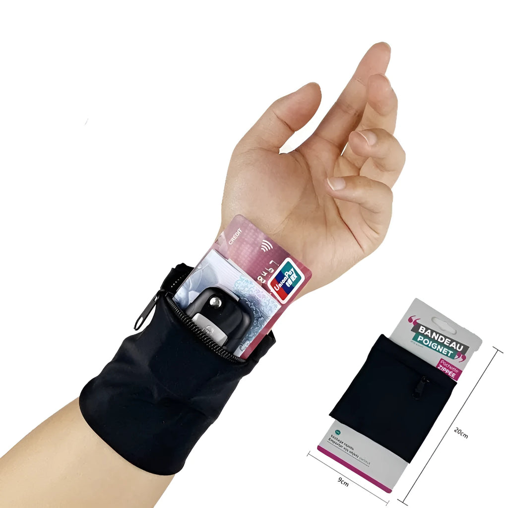 Compact 10 by 10.5cm wrist-worn armband sleeve for carrying a mobile phone.