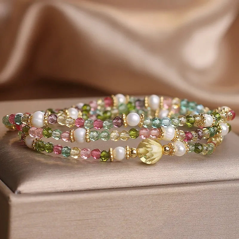 Natural tourmaline multi-layer bracelet with small rice-shaped beads in three circles, ethnic style for women