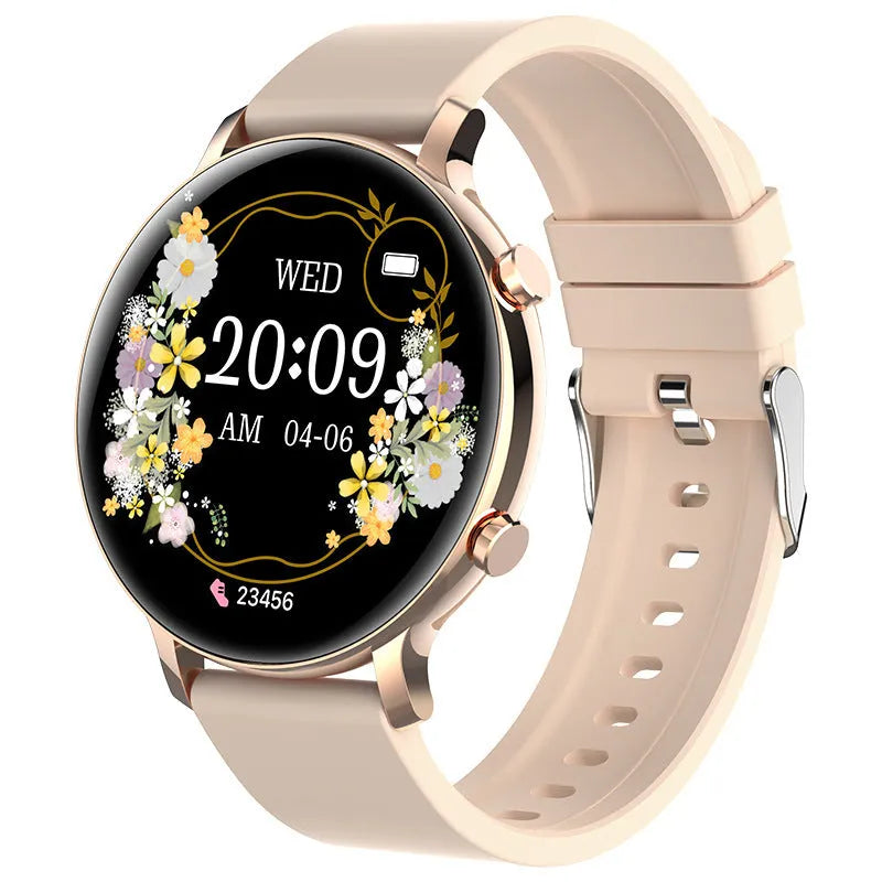 Black Bluetooth smartwatch with stainless steel strap showing call and heart rate monitoring functions on screen.