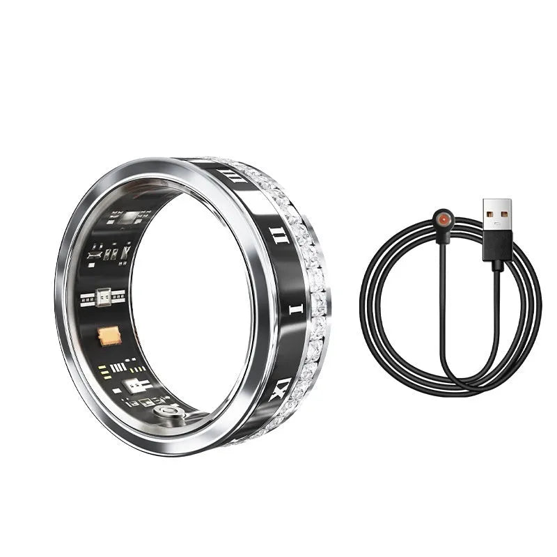 Silver and gold coloured smart ring on a finger showing health monitoring and blood oxygen tracking features.