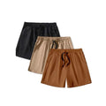 Men's black, khaki and light brown drawstring elastic shorts laid flat, 3-piece set