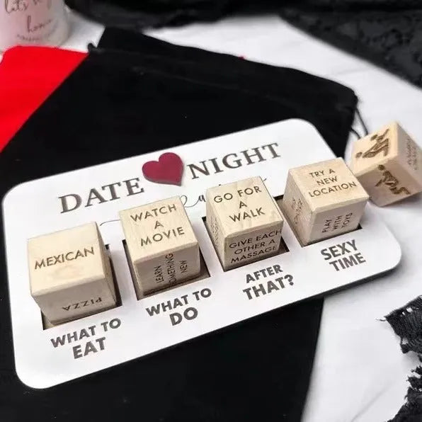 Wooden date night dice set with five natural wood dice, date planner board, and black storage bag for couple games