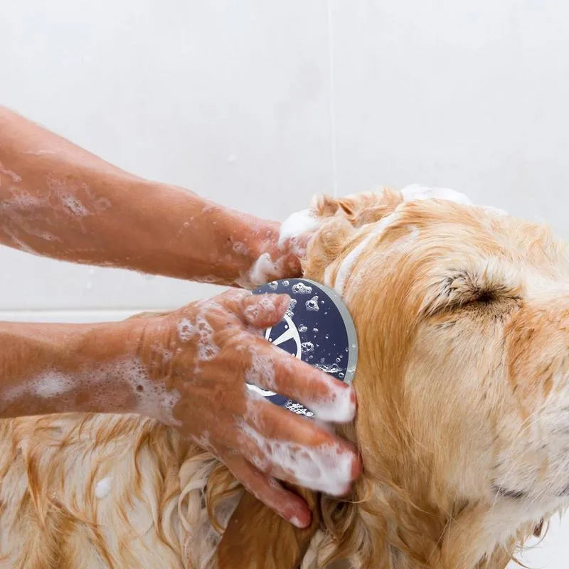 Blue silicone dog shampoo brush with massage points for washing and grooming pets.