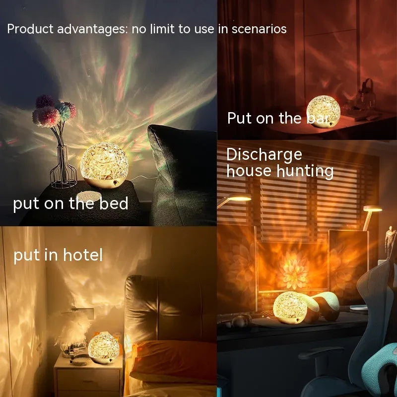 Water ripple projector night light with touch and remote control, acrylic metal USB mood lamp in spherical style