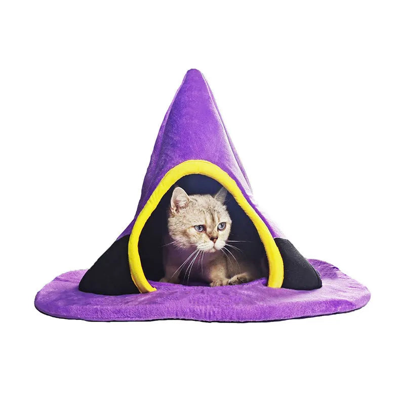 Purple Halloween witch hat shaped cloth cat bed for large cats
