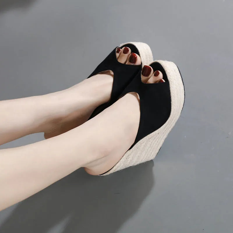 Black suede women's high heel sandals with open toe and rubber sole, sizes 35-42