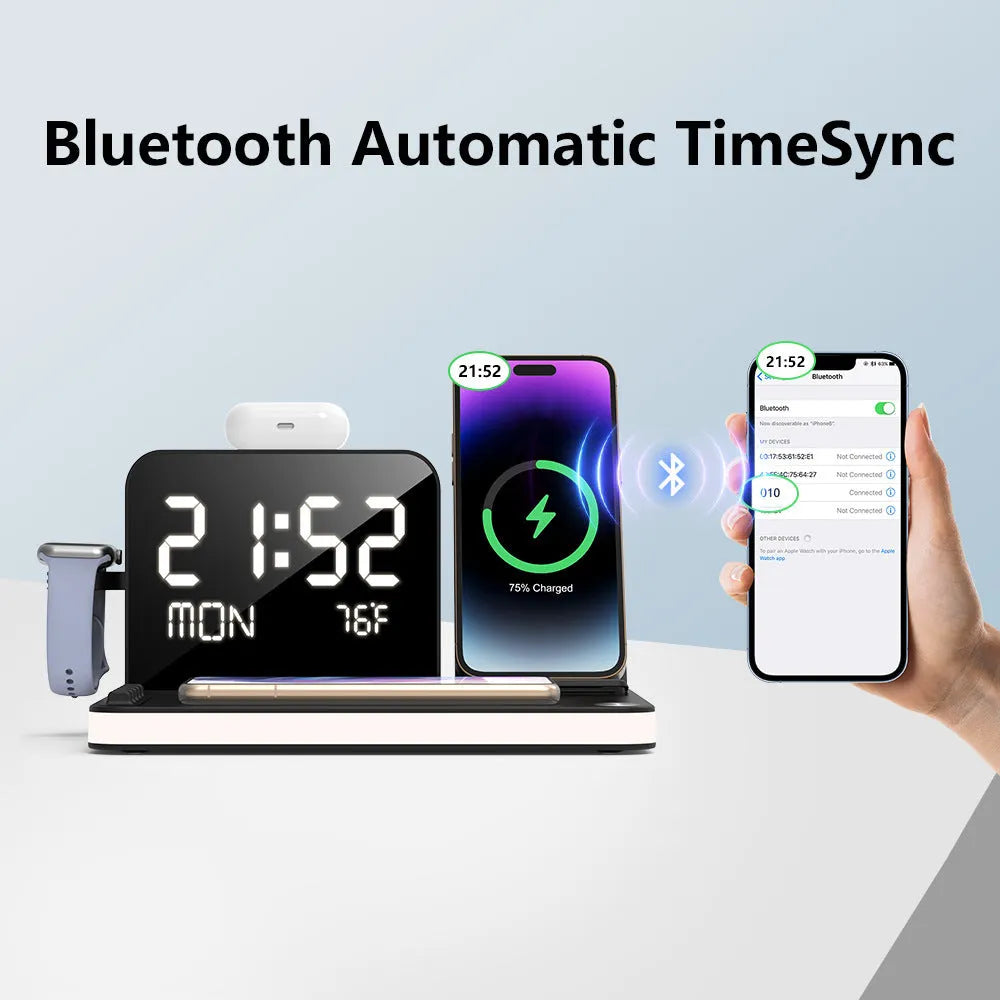 Black 7-in-1 wireless charging station with touch night light, week temperature display, 30W max output, PD fast charge