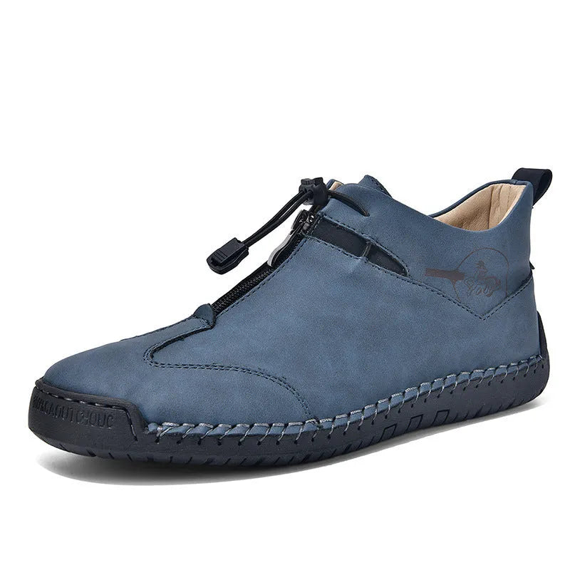 Men's casual leather shoes with round toe and mid heel in black, blue, green, khaki colour options