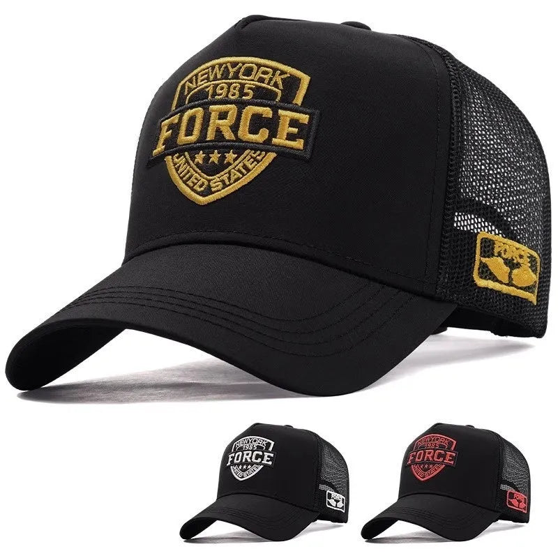 Tall crown baseball cap with thin mesh panels, black base, embroidered cartoon letter design, adjustable strap