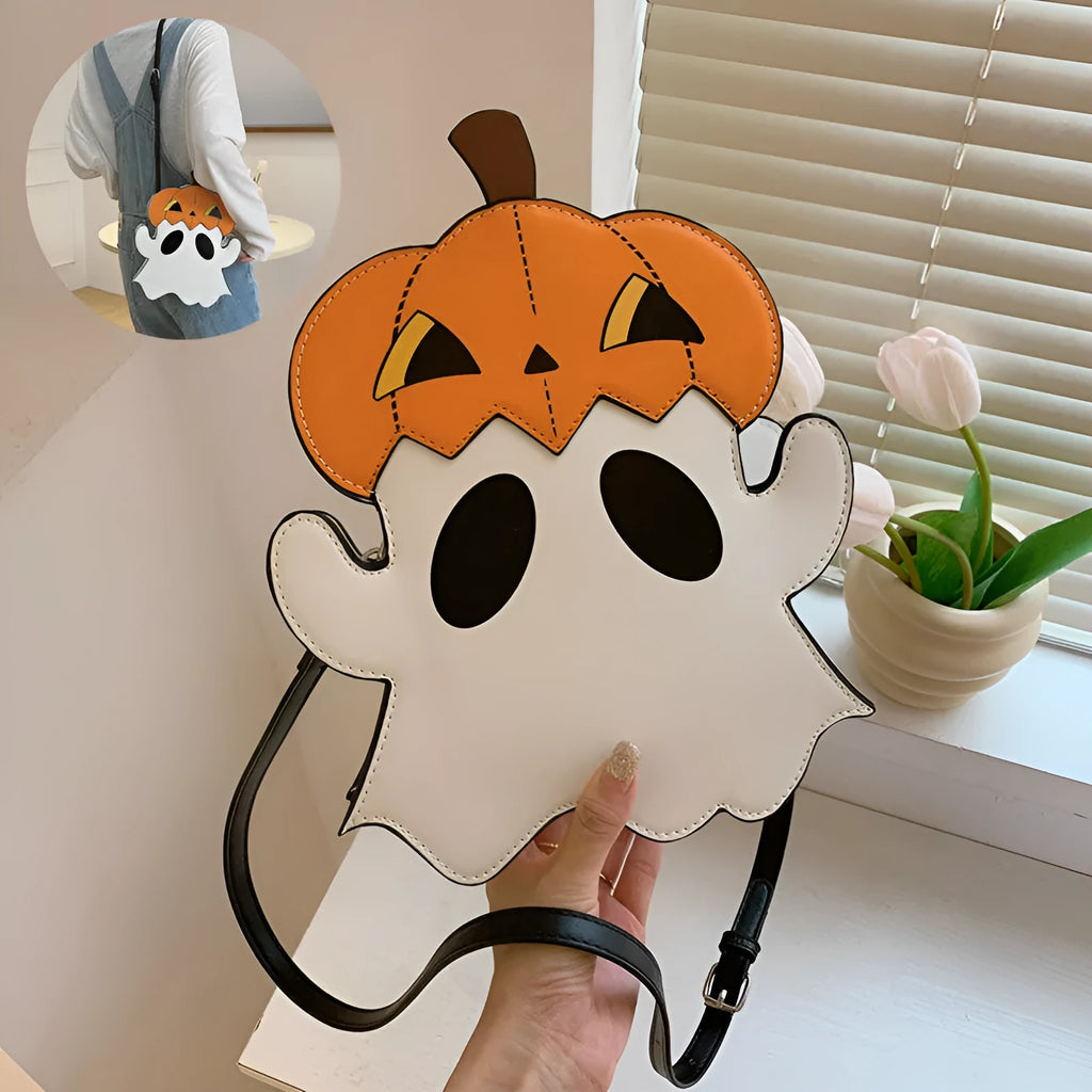 Halloween White PU crossbody shoulder bag with 3D cartoon pumpkin and ghost design for women