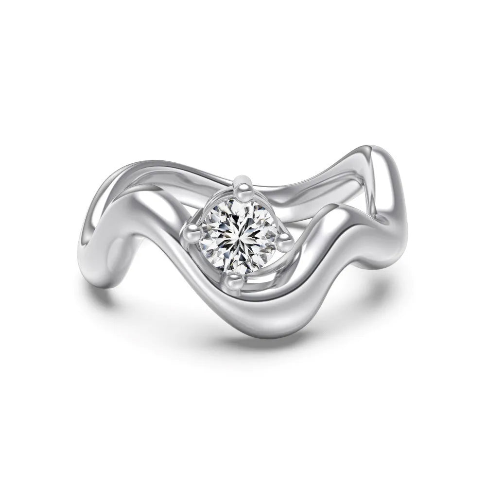 Women's silver electroplated open ring with single diamond and smooth wave line design, white gold tone